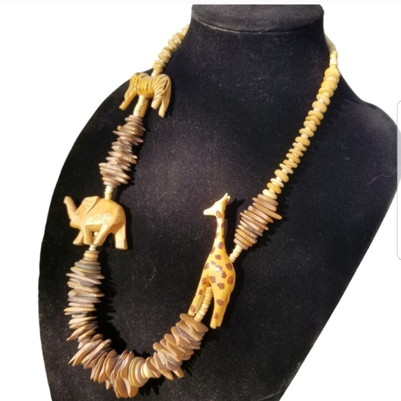 VINTAGE 1980S WOOD SARFARI ANIMAL FOLK ART STATEMENT NECKLACE - Picture 2 of 8